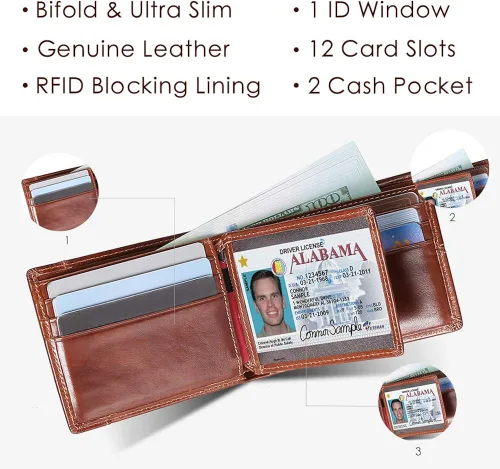 Miniatura 2 de Mens Wallet Slim Genuine Leather RFID Thin Bifold Wallets For Men Minimalist Front Pocket ID Window 12 Card Holders Gift Box