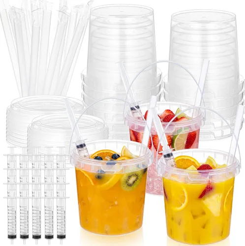 Miniatura 8 de Willinglong Juego de 20 cubos de plástico transparente de 16 onzas para bebidas con pajitas, tapas y jeringas para bebidas, tazas de café helado