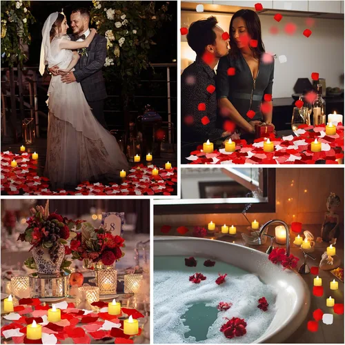 Miniatura 4 de Coume 6000 pétalos de rosa artificiales con 72 velas LED sin llama, decoraciones románticas, velas falsas, decoraciones de aniversario para el día