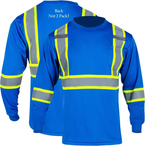 FONIRRA Camiseta de seguridad de manga larga reflectante de alta visibilidad, camisas de trabajo de construcción ANSI Clase 3 para hombres Azul