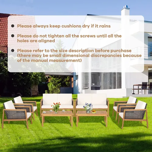 Miniatura 8 de COSTWAY Juego de muebles de mimbre para patio, sofá de mimbre para exteriores con marco de madera de acacia, mesa auxiliar y cojines