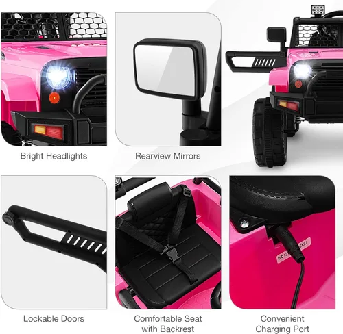 Miniatura 4 de HONEY JOY - Camión de paseo rosa con batería de 12 V con control remoto, suspensión de resorte, faros, música, parabrisas de malla, autos eléctricos