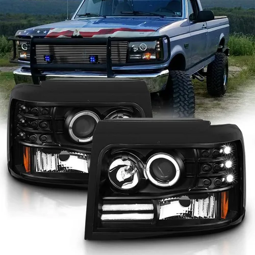 AmeriLite - Conjunto de faros delanteros de proyector LED con barra de halo para Ford F-150/F250/F350/Bronco - Lado derecho del pasajero y lado