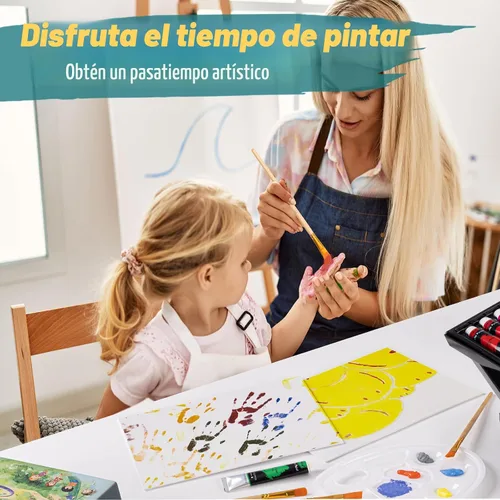 Miniatura 7 de koseibal Juego de pintura acrílica para niños, kit de suministros de pintura artística con 18 pinturas, 5 paneles de lienzo, 8 pinceles, caballete