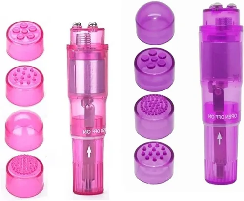Pequeño masajeador mini portátil en forma de bolígrafo para cuerpo, cara, cuello, cabeza, espalda con 4 cabezales (rosa y morado)