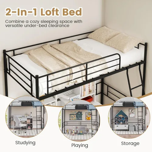 Miniatura 5 de KOMFOTT Cama tipo loft de metal tamaño individual, base de cama alta con escalera, barandilla de seguridad, litera loft que ahorra espacio