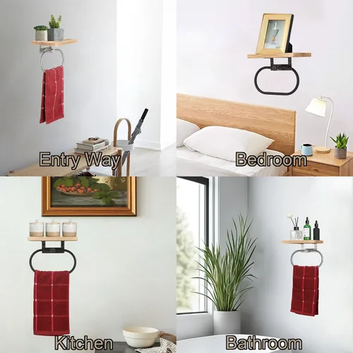 Miniatura 3 de TocTen Toallero de mano para baño, toalla de pared con estante de madera, toallero de mano de metal de alta calidad, accesorios de baño, colgador
