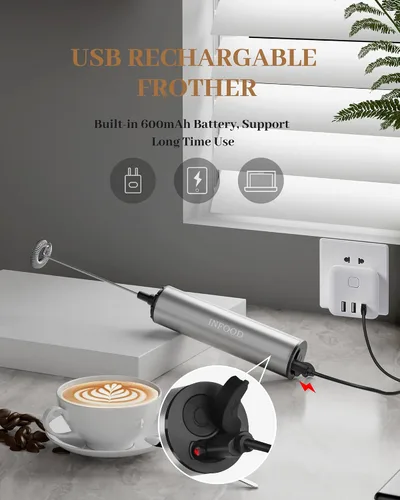 Miniatura 2 de INFOOD Espumador de leche recargable con tapa, varita espumadora de café, mezclador de bebidas de mano con 2 batidores desmontables de acero