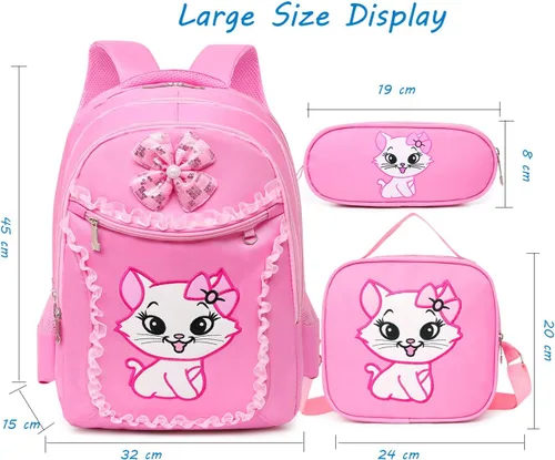 Miniatura 3 de Mochila escolar ligera de encaje con estampado de gatos, bolsa escolar de princesa, bolsa para libros, bolsa para bolígrafos para niñas de primaria