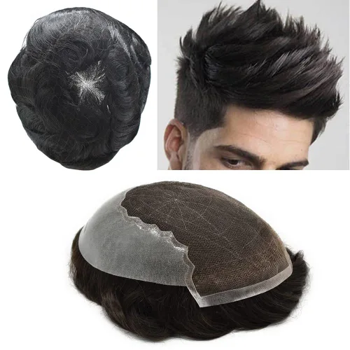 Miniatura 104 de Toupee para hombres pieza de pelo suave suizo encaje real sistema de cabello humano reemplazo blanqueado nudo mens tupé sistema de pelo para hombres