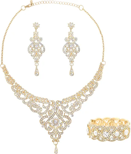 Gold Prom Jewelry Wedding Jewelry Set Bridal Necklace Rhinestone Earrings Bracelets