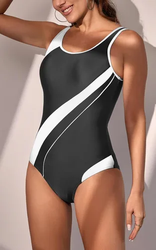 Miniatura 5 de Eomenie Trajes de baño atléticos de una pieza para mujer, con control de abdomen, elásticos, con bloques de color, adelgazantes