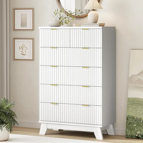 Miniatura 13 de Xixini - Cómoda moderna de madera acanalada para dormitorio, sala estar, pasillo o armario, para organizar y almacenar ropa o soporte de TV, 6 Roble