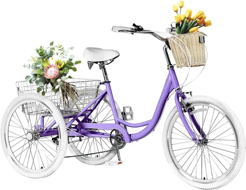 Miniatura 8 de Triciclos para adultos para adultos, triciclos para adultos de 7 velocidades, bicicleta de 3 ruedas de 20/24/26 pulgadas con canasta, bicicletas