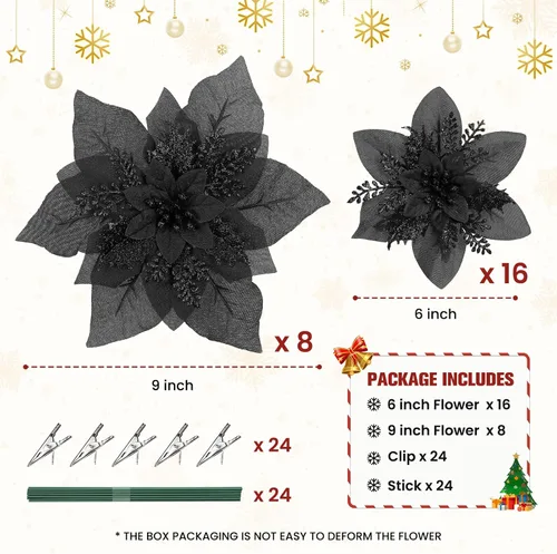 Miniatura 2 de Alupssuc 24 PCS Flores de Pascua Navideñas Negras Artificiales con Purpurina, Decoraciones Navideñas para Árbol, Corona, Chimenea, Flores de Pascua