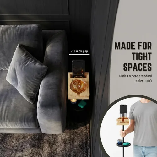 Miniatura 6 de Mesa de bebidas para espacios pequeños – Mesa auxiliar delgada de pedestal con parte superior de madera real y base estable para café y cócteles