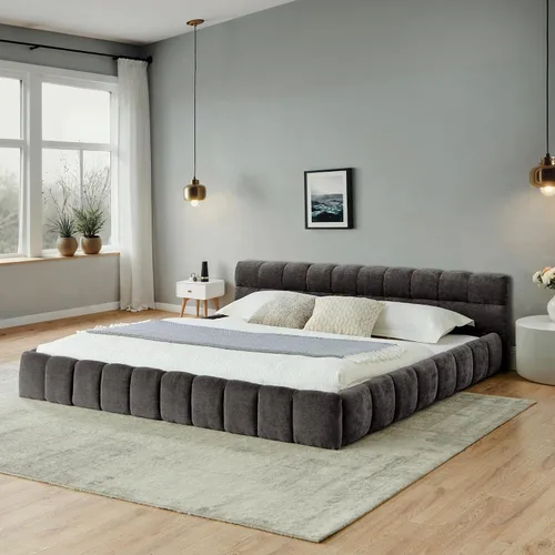 Miniatura 12 de Base de cama tapizada tamaño California King con tela de felpilla gruesa, cama de plataforma con cabecero copetudo, marco de madera maciza, diseño