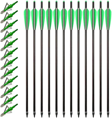 Miniatura 9 de 20 Inch Carbon Crossbow Bolts 12 Pack and 12 Pack Hunting Broadheads kit, Carbon Crossbow Arrows for Hunting and Outdoor Practice (Red)