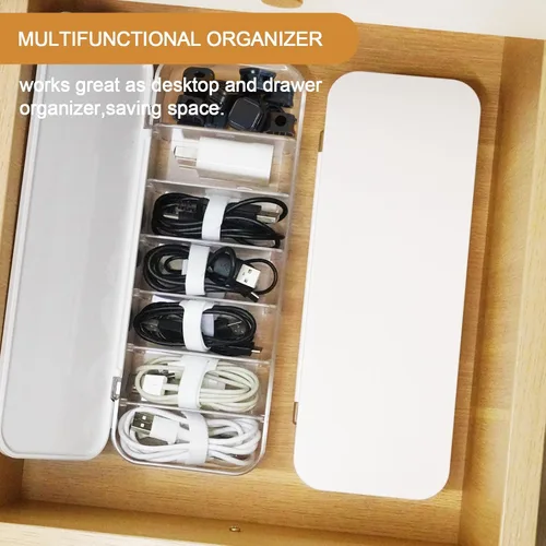 Miniatura 2 de Caja organizadora de cables con 14 bridas de alambre y 6 clips magnéticos para cables, caja de gestión de cables de escritorio con divisores y tapa