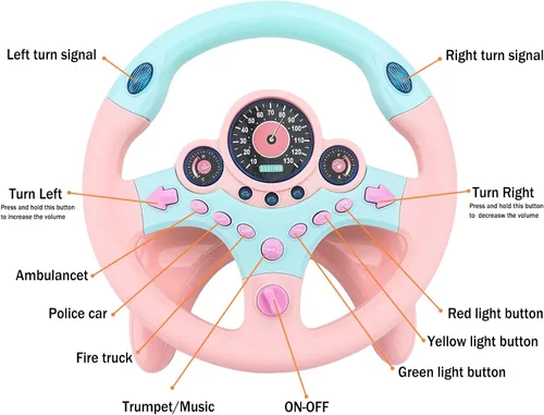 Miniatura 3 de deAO Volante para niños para asiento trasero con llave, juguetes para bebés, pretender conducir, juguete de volante simulado con luz y música, Rosa