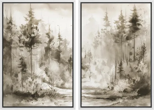 Miniatura 130 de MUDECOR Lienzo enmarcado para pared, bosque brumoso, reflejos, paisaje tranquilo, ilustraciones modernas, arte decorativo, bohemio, tranquilo/zen