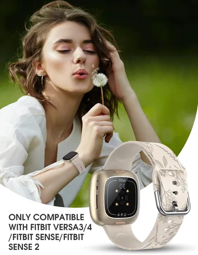 Miniatura 5 de Minyee Paquete de 2 correas grabadas florales compatibles con Fitbit Versa 4/Versa 3/Sense 2/Sense Band para mujer, lindo diseño de girasol