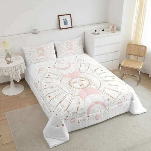 Miniatura 4 de Juego de edredón bohemio dorado tamaño Queen para niños y niños, decoración de habitación de luna rosa, misterioso, bohemio, juego de ropa de cama