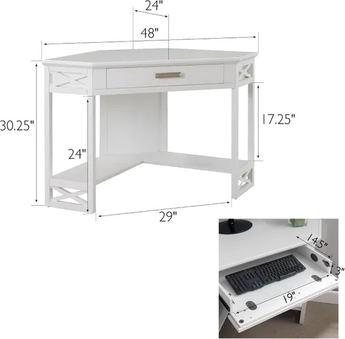 Miniatura 3 de Leick Home Sage 85430 - Escritorio esquinero de oficina, madera maciza, con cajón frontal para teclado, color blanco blanco (White/Brushed Nickel)