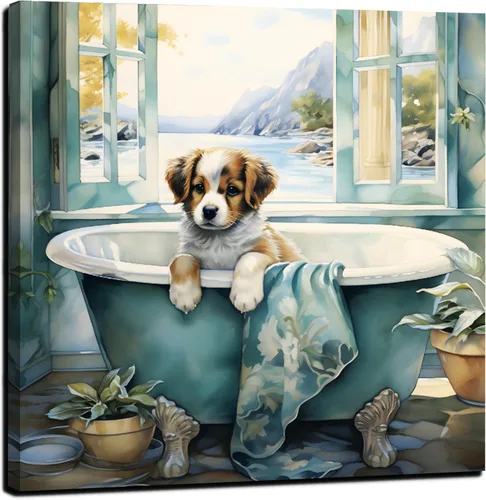 Miniatura 6 de LAIART Impresión en Lienzo para Baño Arte Decorativo de Pared Imagen de Bañera Verde Azulado Vista al Mar desde la Ventana Obra de Arte