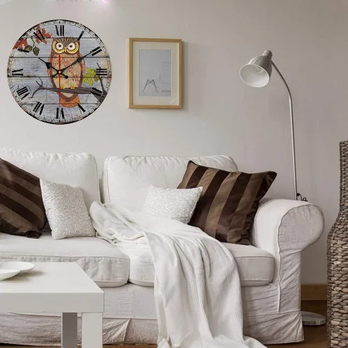 Miniatura 4 de YeYo Reloj de pared de búho hecho de madera, funciona con pilas, decoración del hogar, reloj silencioso de campo francés pintado estilo retro