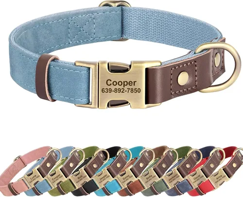Miniatura 11 de Collares para perros personalizados, collar de piel sintética suave personalizada con nombre de mascota y número de teléfono para perros pequeños