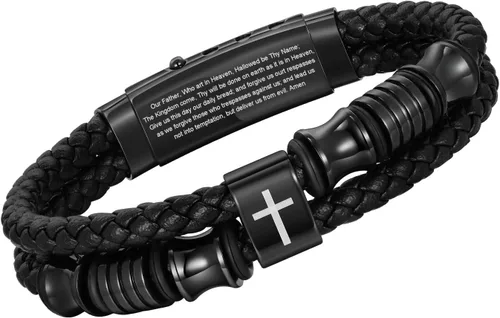 TempBeau Pulsera de cuero negro cristiano para hombres, pulsera de cuero trenzado de doble fila con cruz de fe para hombres, regalo de joyería,