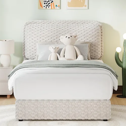 Miniatura 3 de REVOMINCA Marco de cama tamaño individual, marco de cama de nube con 2 cabeceras de almohada suaves, marco de cama tapizado de felpa de piel