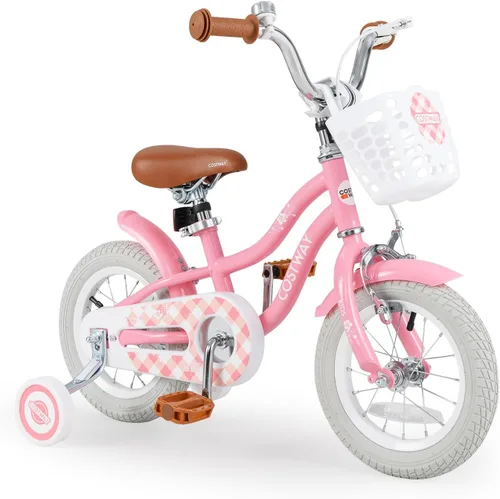 Miniatura 35 de COSTWAY Bicicleta para niños de 12, 14, 16, 18 pulgadas, bicicleta para niños con ruedas de entrenamiento, frenos de mano y posavasos, sillín