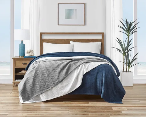 Miniatura 5 de Nautica - Manta tamaño Queen, ropa de cama tejida de algodón texturizado, ideal para cama o sofá, certificado Oeko-Tex (rayas grises)