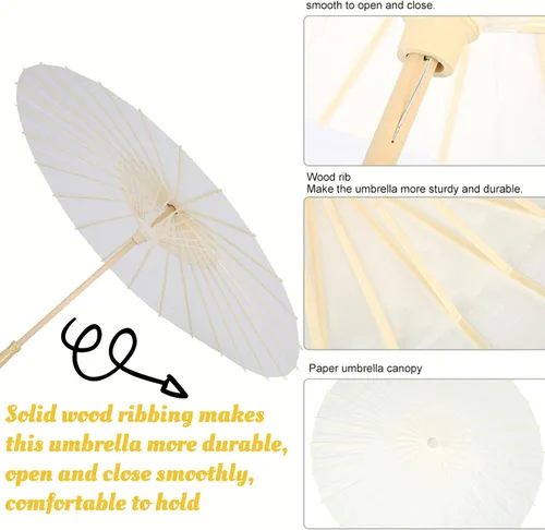 Miniatura 6 de Paraguas de papel paraguas aceitado de papel blanco para bricolaje arte chino paraguas de danza clásico sombrilla oriental con mango de madera