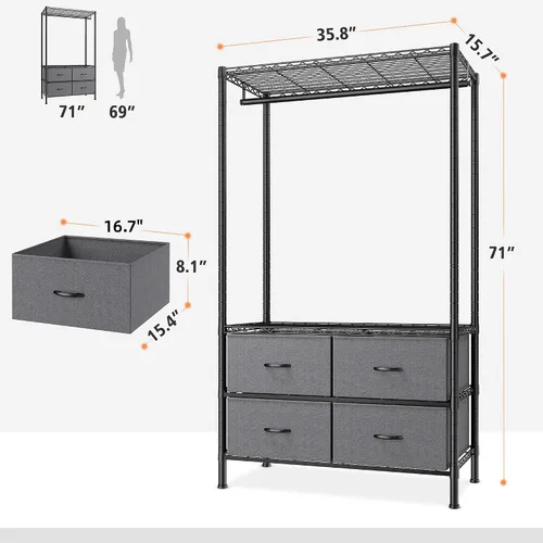Miniatura 7 de Raybee Perchero con 4 cajones y estantes, perchero resistente para colgar ropa, portátil, resistente y duradero, negro