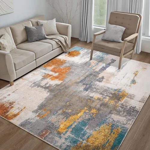 Miniatura 37 de Kelarea Alfombra lavable para sala de estar, 5 x 7 antideslizante, alfombras modernas abstractas color beige, alfombra de pelo bajo fácil