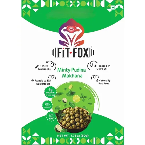Miniatura 8 de FIT FOX Minty Pudina Makhana, paquete de 3 (1.76 onzas cada uno) Nueces de zorro asadas (semillas de loto) Sabor refrescante a menta Tostado