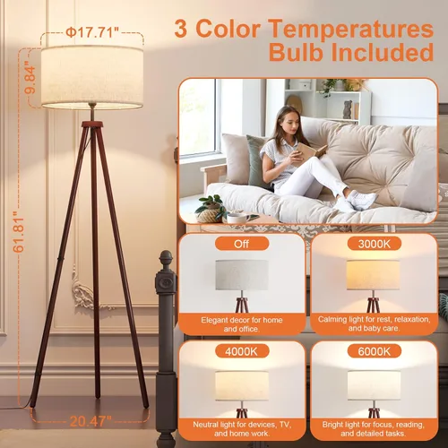 Miniatura 3 de LiteHistory Lámparas de pie de trípode de madera para dormitorio, sala de estar y oficina, lámpara de esquina con pantalla de lino beige, bombilla