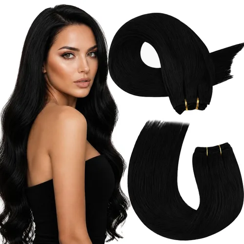 Moresoo - Extensiones de cabello humano real cosidas, Remy, lacio, doble trama, color negro jet, 14 pulgadas, 3.53 onzas