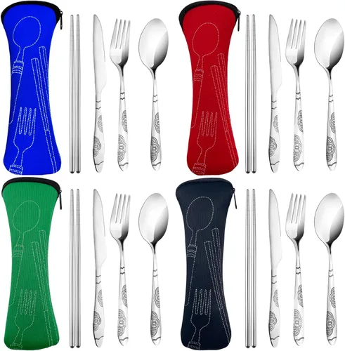 Miniatura 2 de lengnoyp - Juego de 20 utensilios de viaje de alta calidad con estuche, utensilios portátiles reutilizables de acero inoxidable con estuche, juego