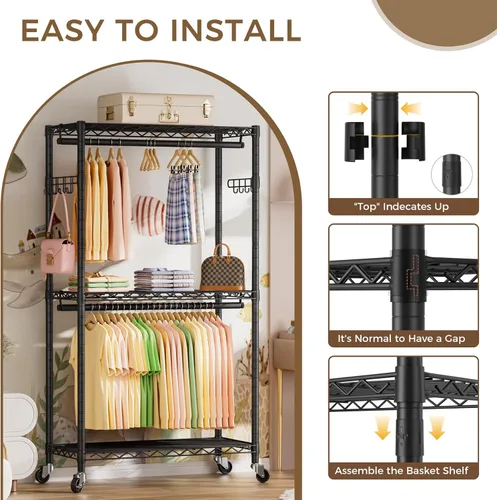 Miniatura 6 de Estante para ropa resistente con ruedas enrollables, estante para prendas con 3 niveles ajustables de estanterías de alambre para colgar ropa