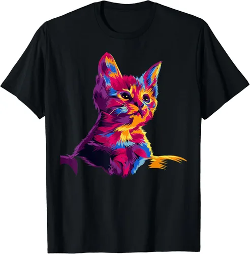 Regalos coloridos de arte para gatitos para amantes de los gatos, papá gato, camiseta para mamá y gato, Negro, S