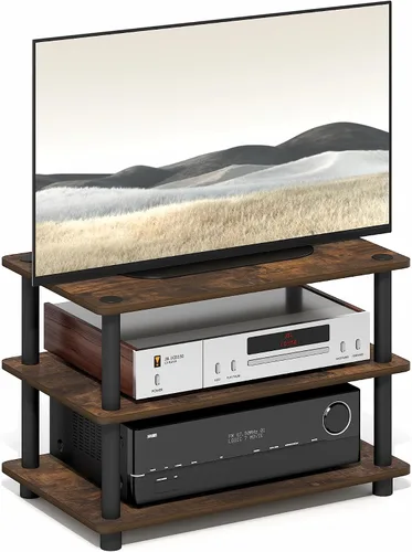 Furinno Turn-N-Tube Soporte de TV, centro de entretenimiento de esquina de 3 niveles con estantes abiertos, consola de TV sin herramientas para TV