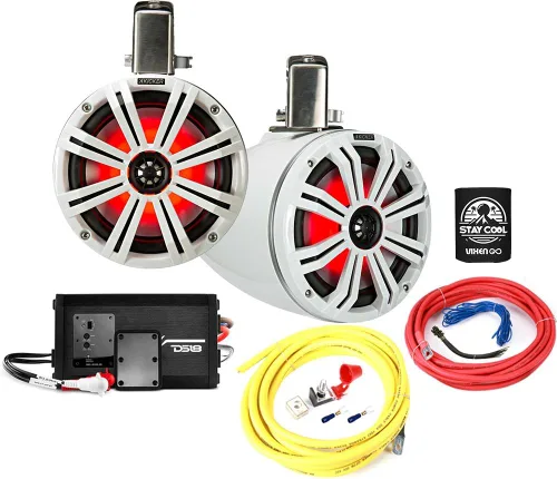 KICKER Paquete de altavoces y amplificador de 8 pulgadas Wakeboard Altavoces de torre (blanco) con amplificador marino DS18 de 320 W de 2 canales y