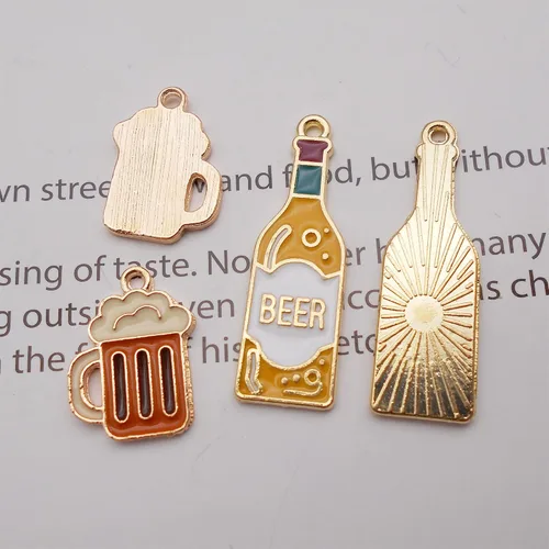Miniatura 4 de 20 piezas surtidas de esmalte para botella de cerveza, dije de taza de botella de cerveza en tono dorado, aleación de alcohol, llavero colgante