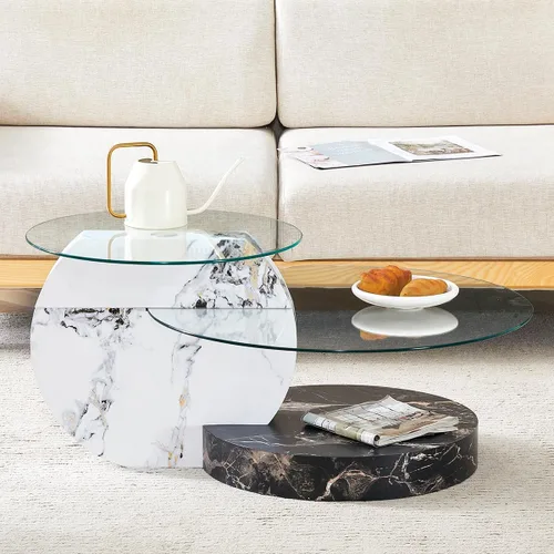 Miniatura 7 de Mesa de café de 35" de vidrio ｜ Mesa de café redonda ｜ Diseño de 3 niveles con superficie de vidrio templado ｜ Base de madera en color negro
