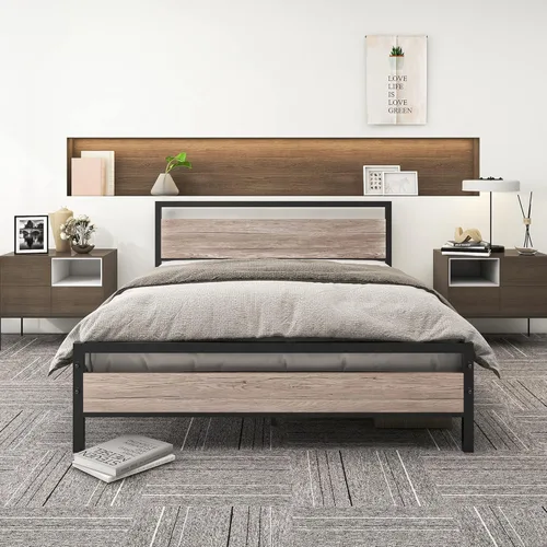 Miniatura 9 de HOJINLINERO Marco de cama individual con cabecera de madera, marco de cama de metal con plataforma individual, no necesita somier, listones de acero