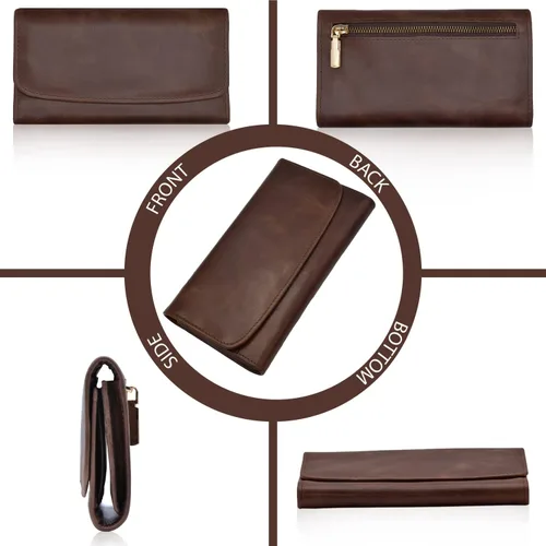 Miniatura 5 de Leather SR Cartera de cuero de grano superior RFID para mujer, con aspecto vintage resistente con 13 ranuras para tarjetas, 2 compartimentos